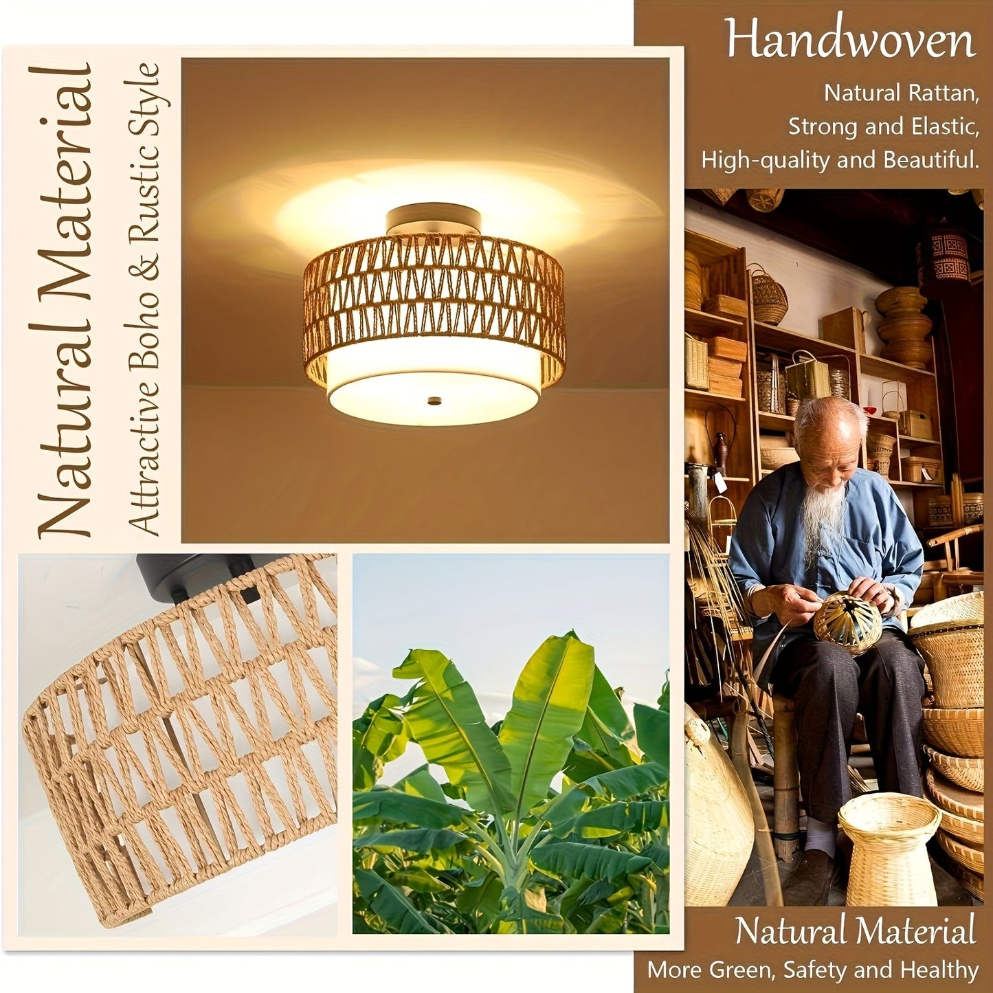 Boho Rattan Ceiling Light Semi Flush Mount