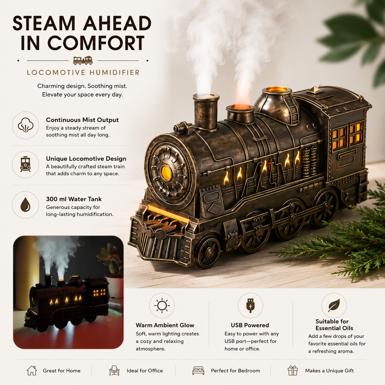 Continuous Mist Steam Humidifier Locomotive