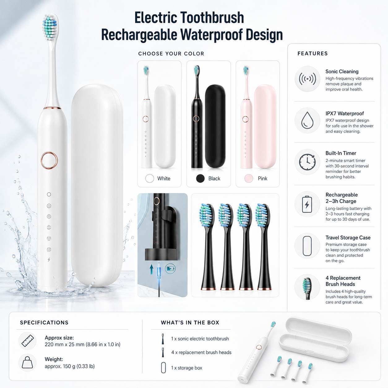 Electric Toothbrush Rechargeable Waterproof