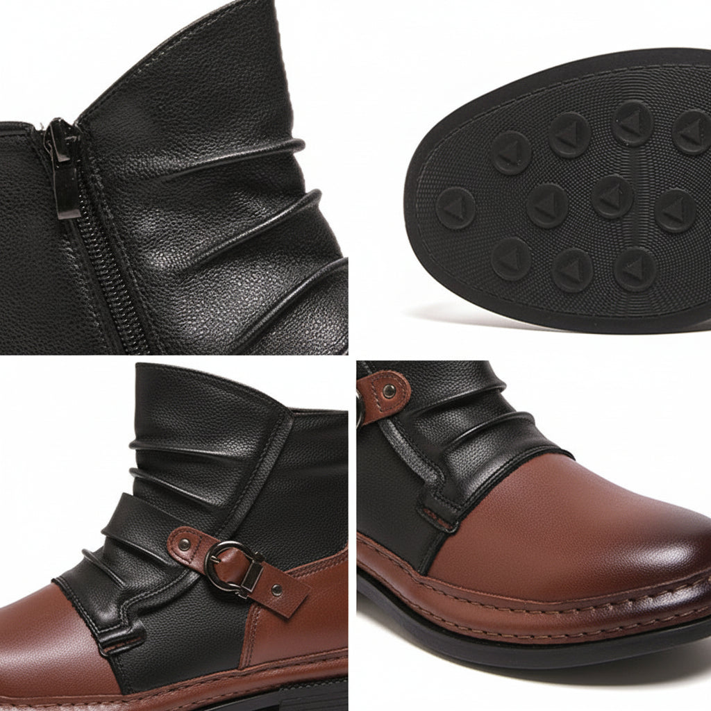 Men Ankle Boots Leather Buckle Side Zip