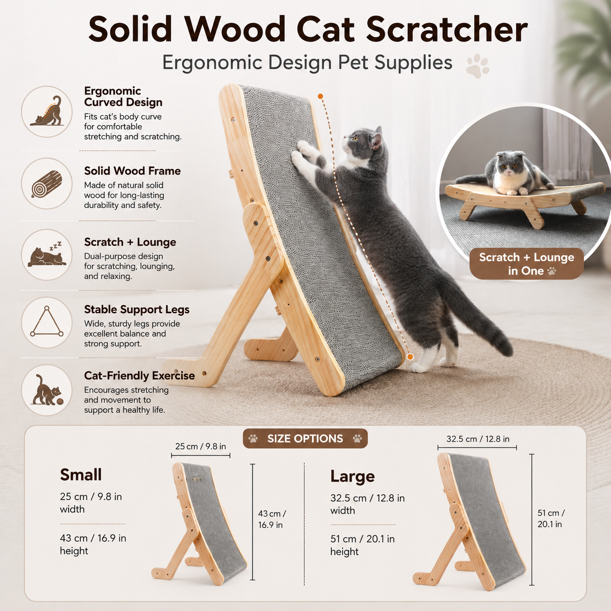 Solid Wood Cat Scratcher Ergonomic Design