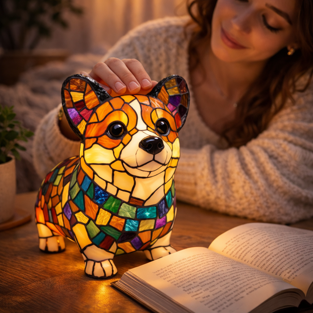 LED Table Lamp Dog Figurine Stained Glass