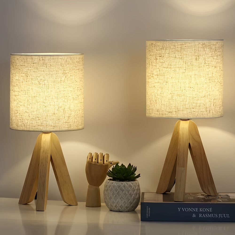 Nordic Wooden Tripod Table Lamp Fabric Shade