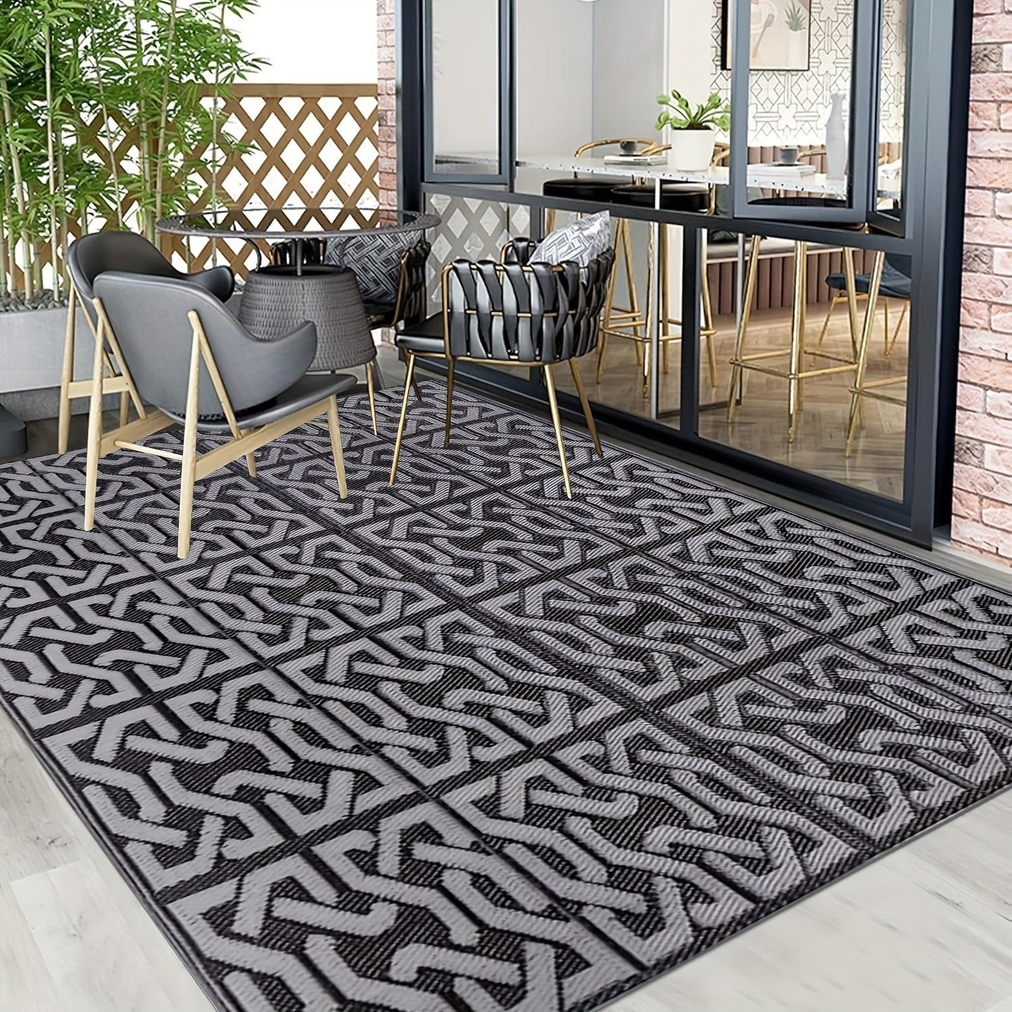 Reversible Outdoor Rug Black & Grey Modern