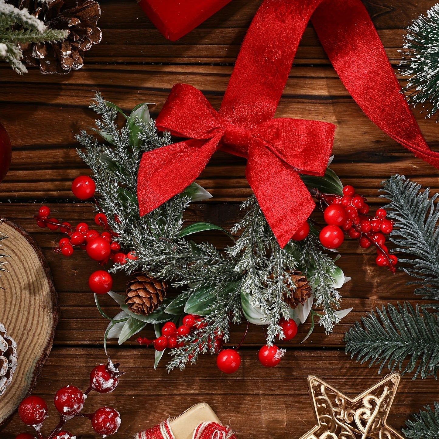 Christmas Wreath Hanging Red Bow Pinecone