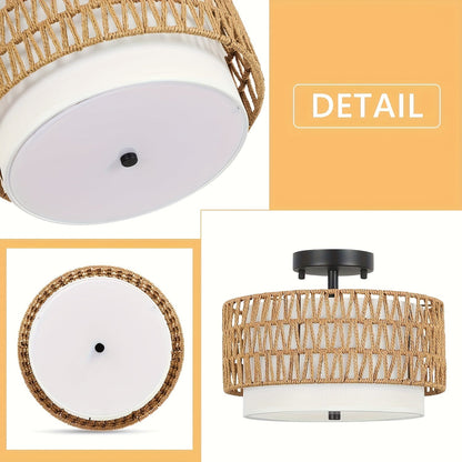 Boho Rattan Ceiling Light Semi Flush Mount