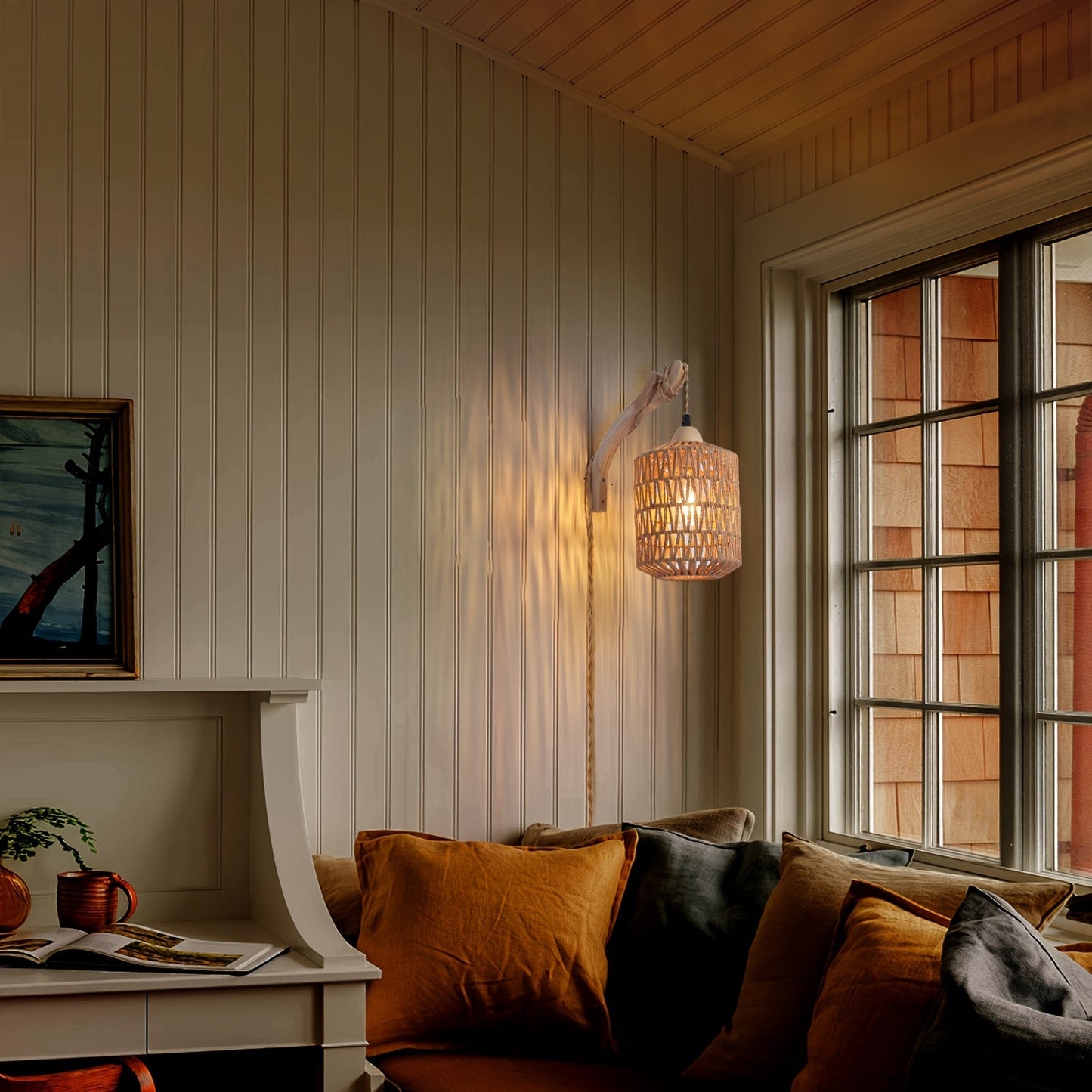 Boho Wood & Rattan Wall Lamp Hand
