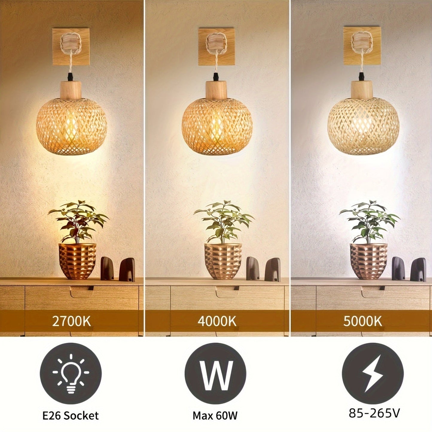 Rustic Wooden Wall Sconce Handwoven Rattan &