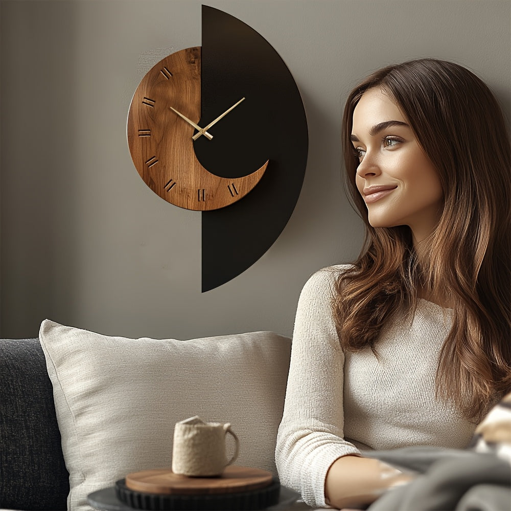 Modern Half Moon Wooden Wall Clock Silent