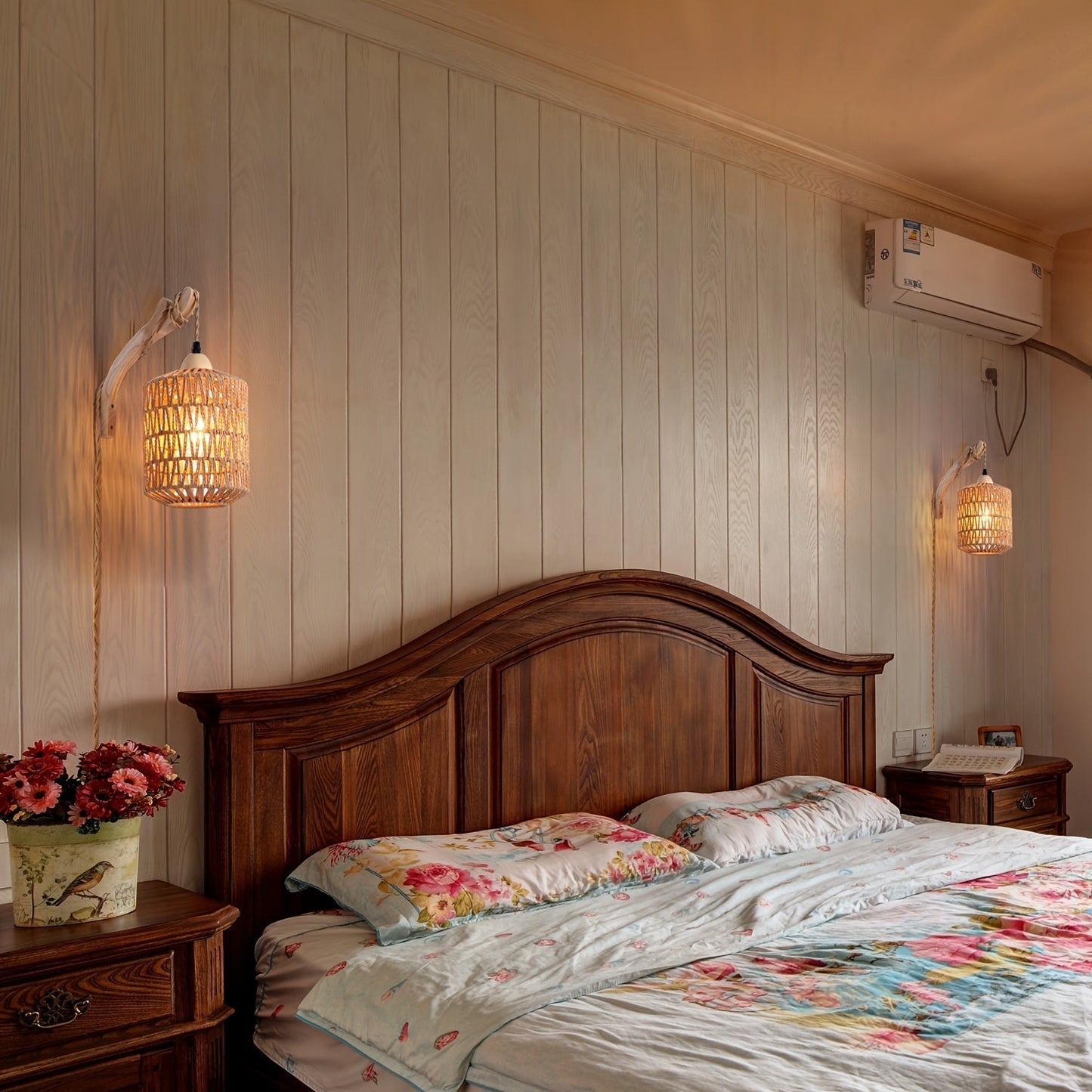 Boho Wood & Rattan Wall Lamp Hand