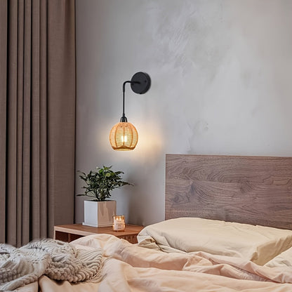 Boho Rattan Wall Lamp Handwoven Bedside &