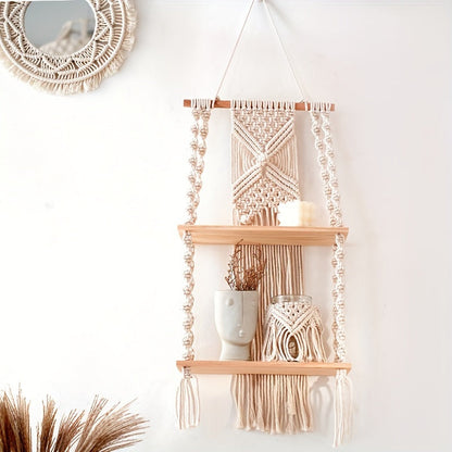 Boho Macrame Wall Shelf 2 Tier Hanging