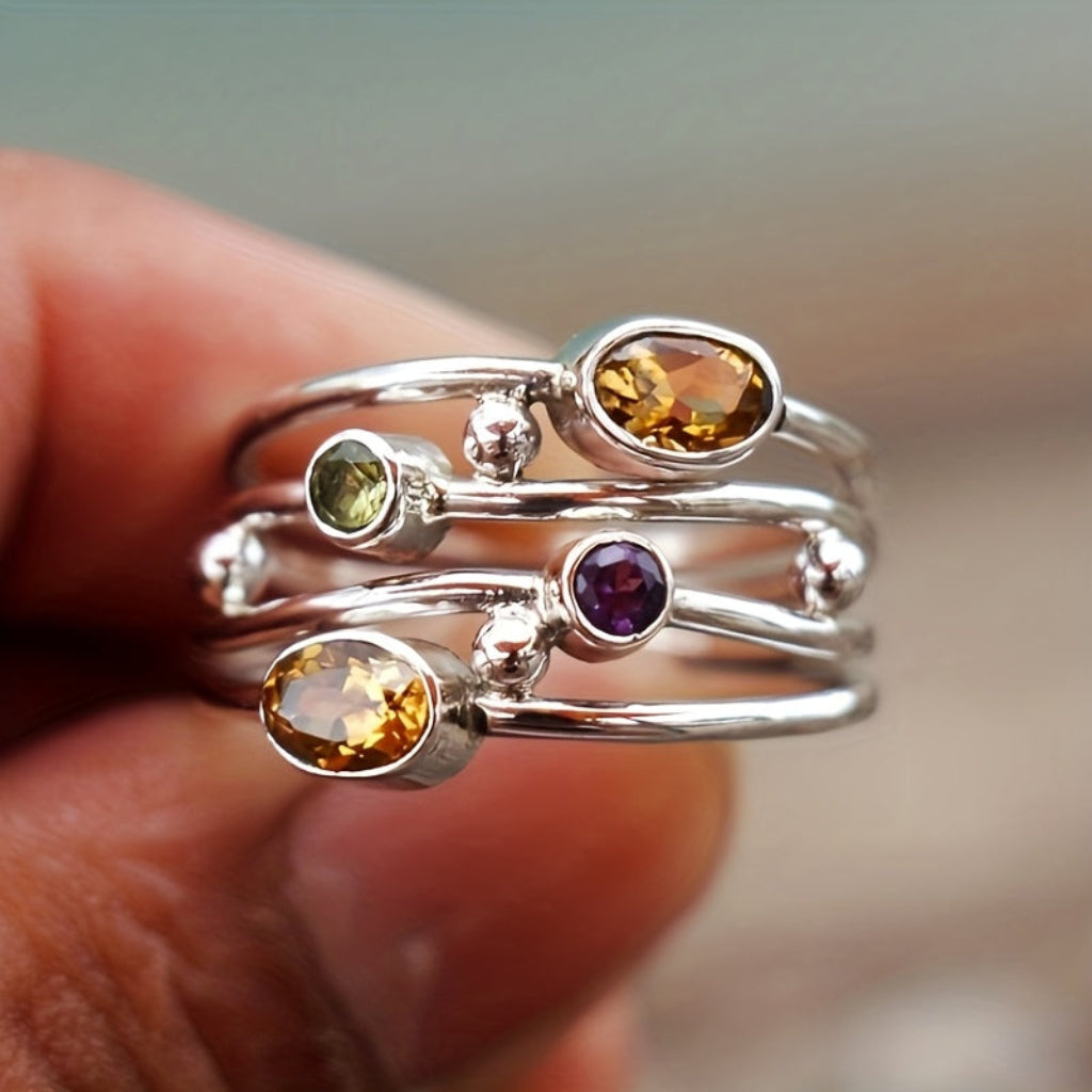 Birthstone Ring Silver Adjustable Boho