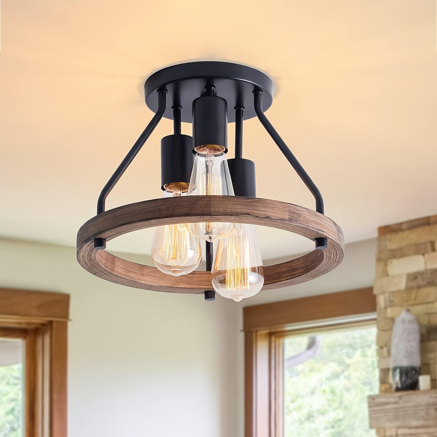 Industrial Wood Ring Ceiling Light 3 Light