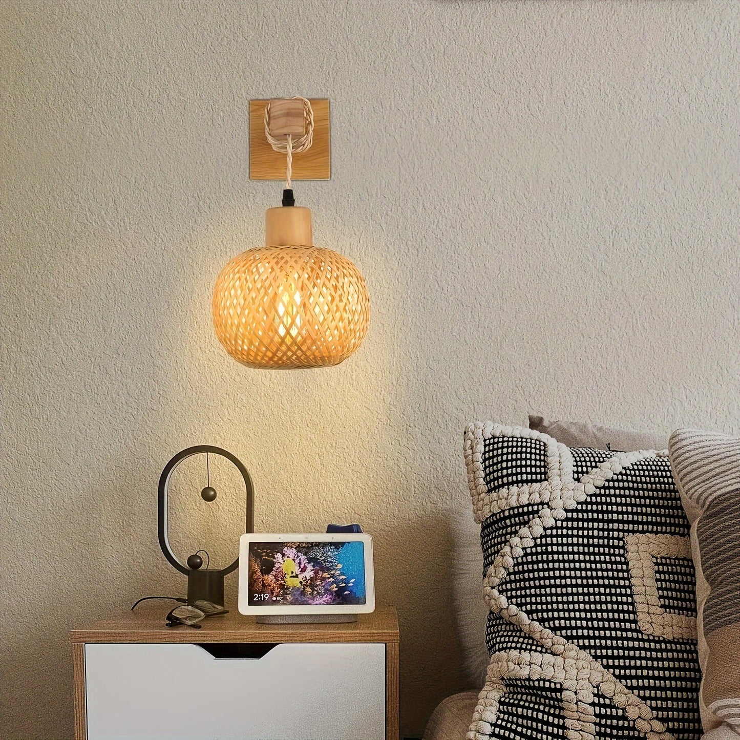 Rustic Wooden Wall Sconce Handwoven Rattan &