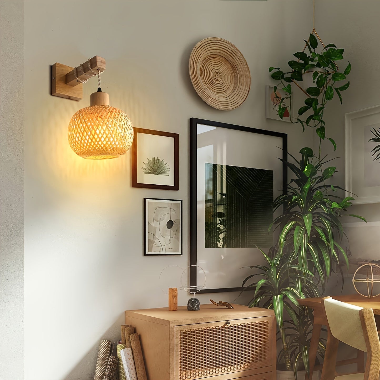 Rustic Wooden Wall Sconce Handwoven Rattan &