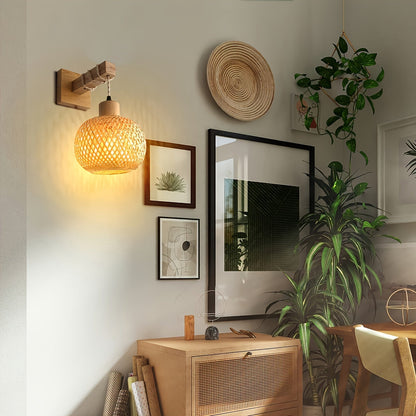 Rustic Wooden Wall Sconce Handwoven Rattan &