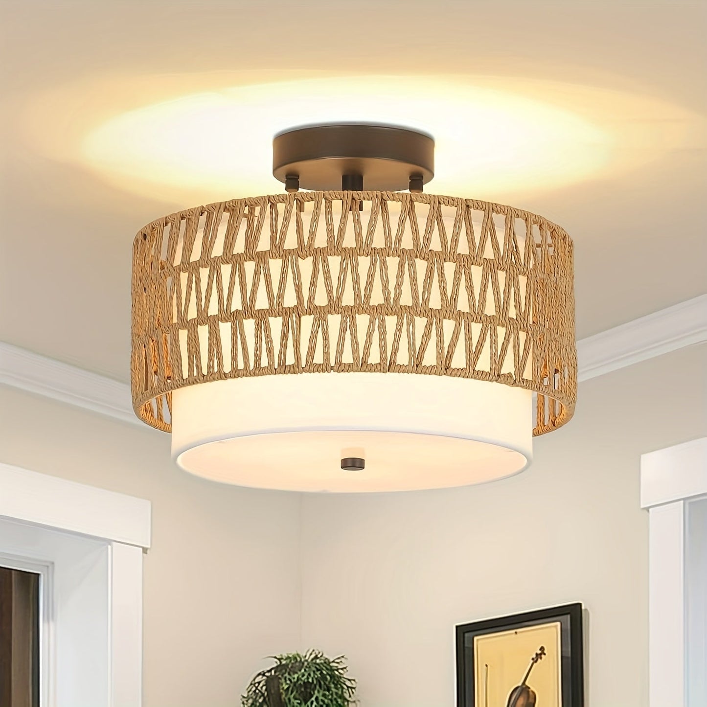 Boho Rattan Ceiling Light Semi Flush Mount