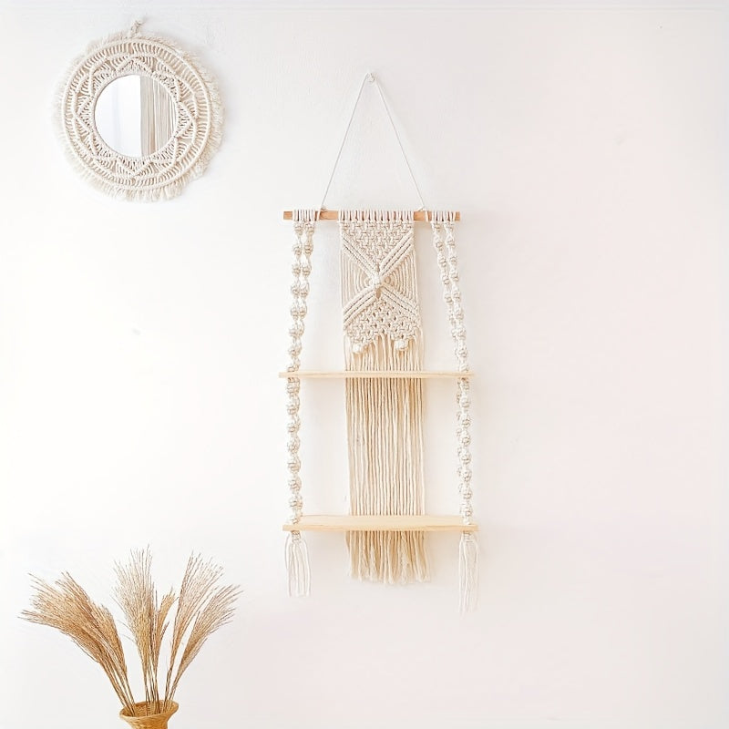 Boho Macrame Wall Shelf 2 Tier Hanging
