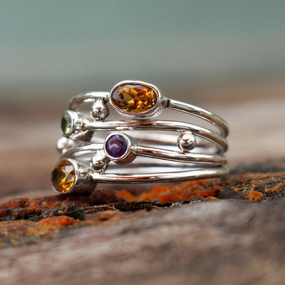 Birthstone Ring Silver Adjustable Boho
