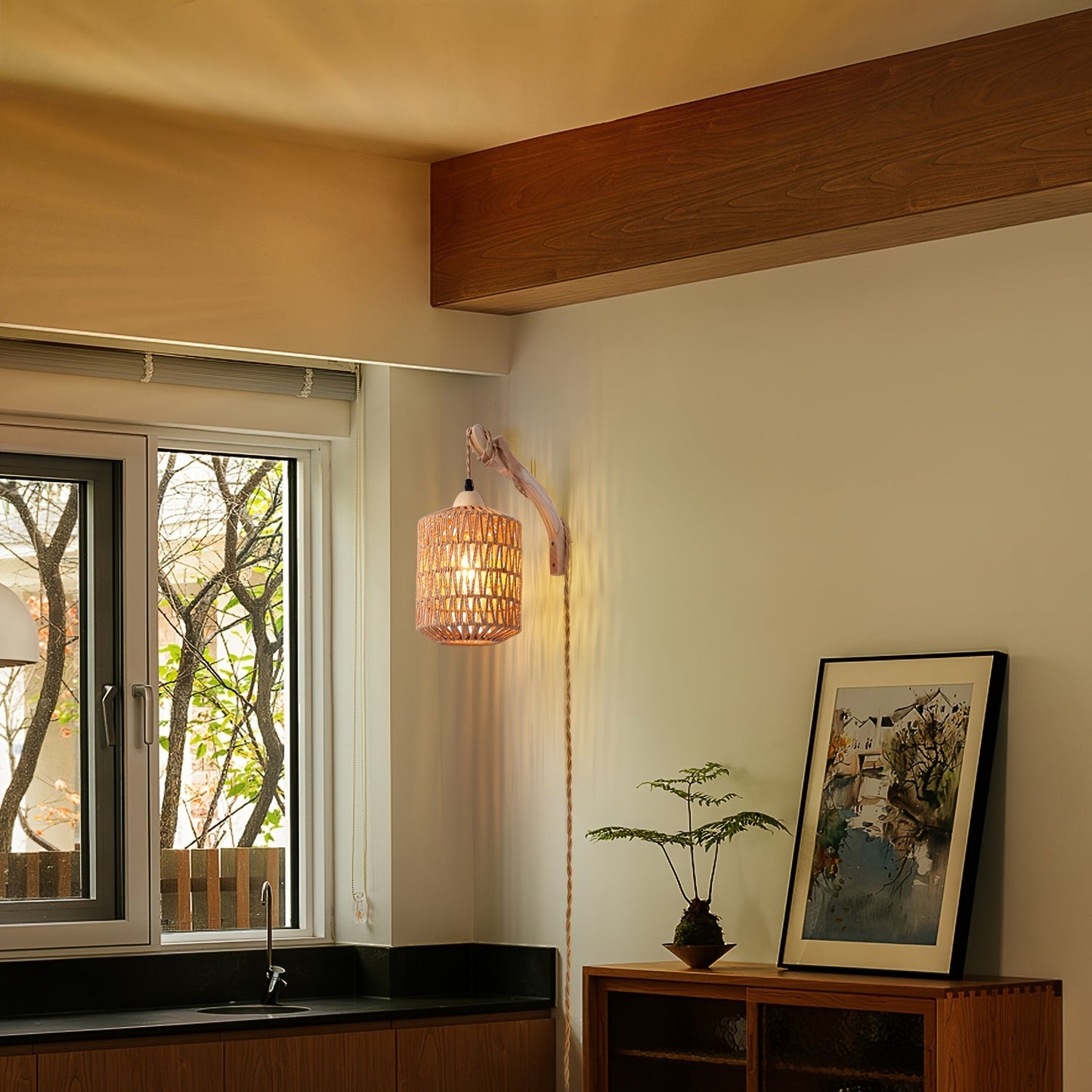 Boho Wood & Rattan Wall Lamp Hand