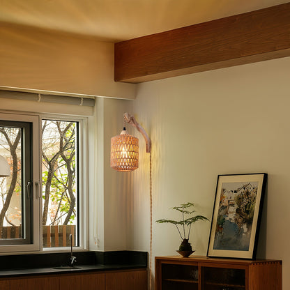 Boho Wood & Rattan Wall Lamp Hand
