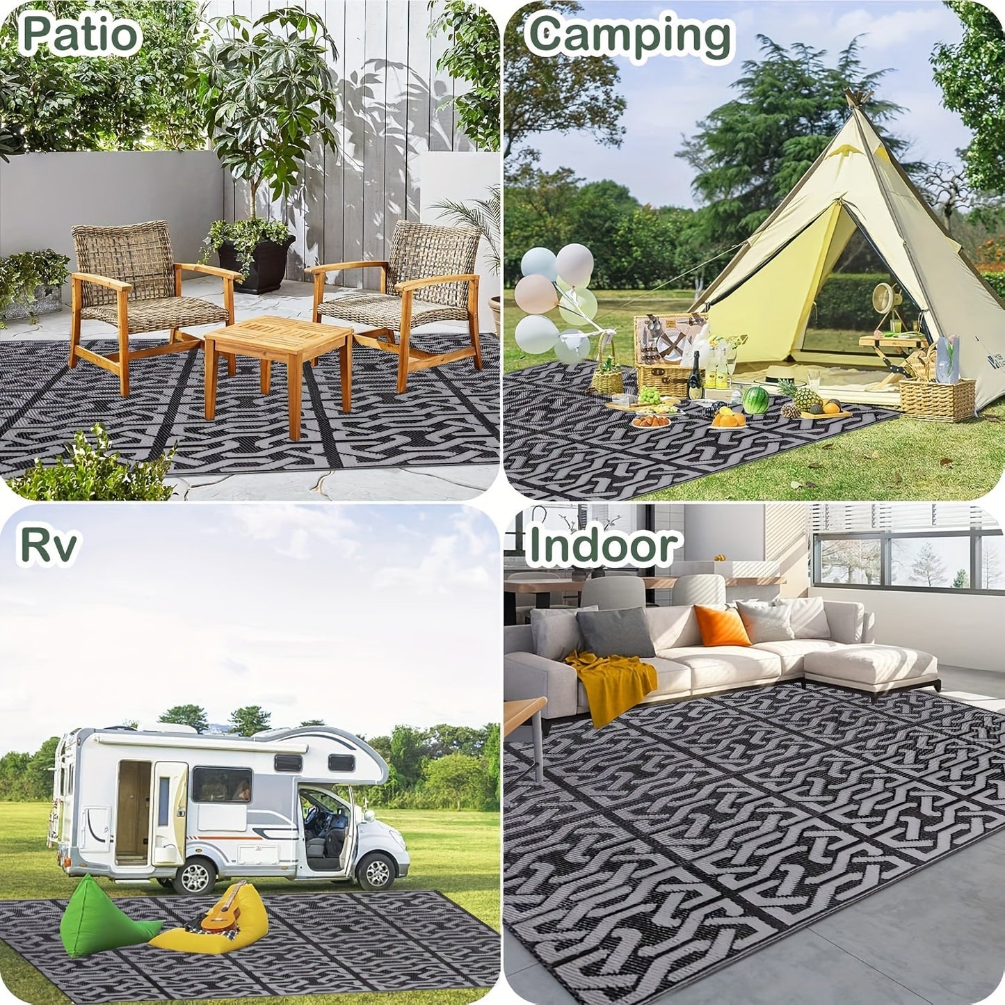 Reversible Outdoor Rug Black & Grey Modern