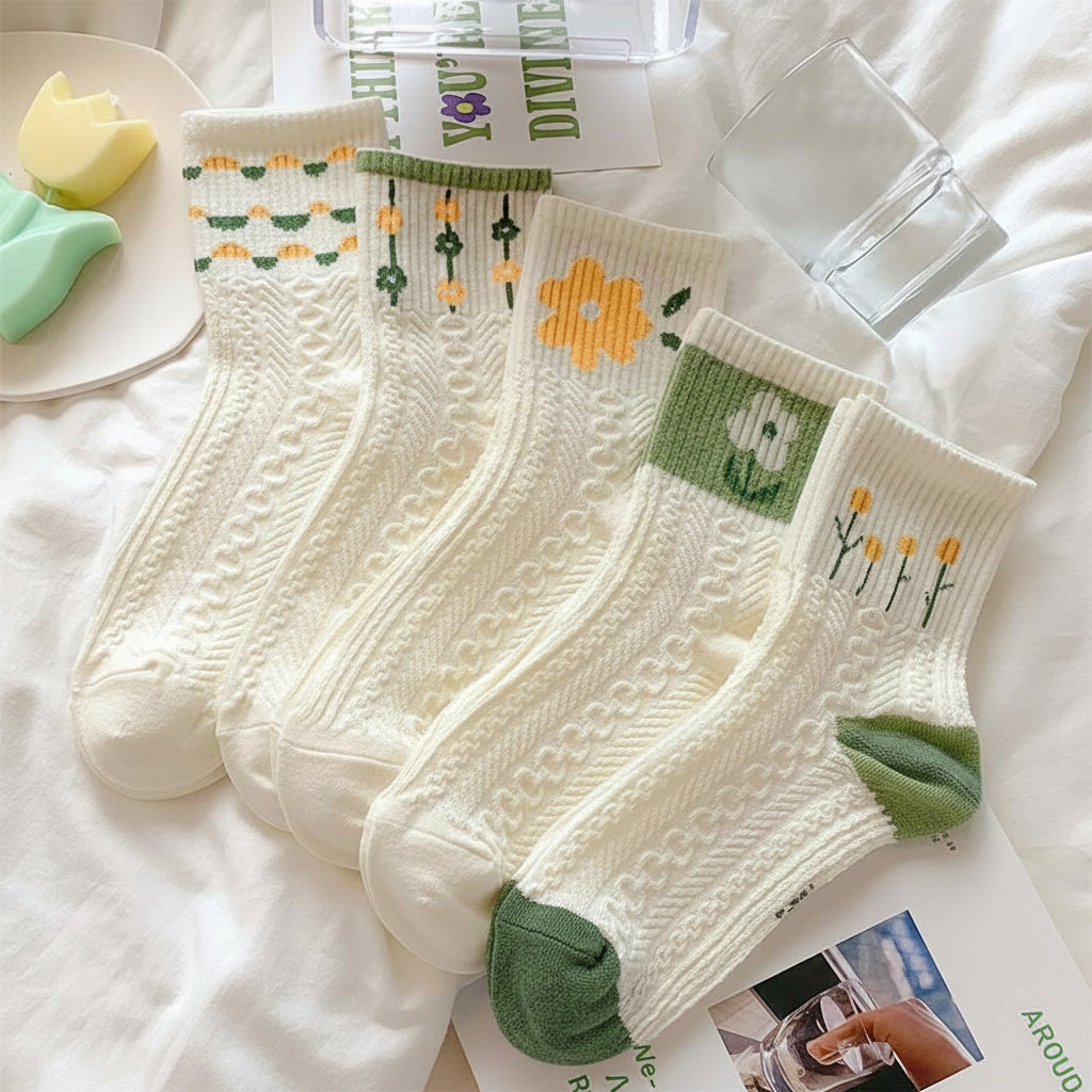 Womens Crew Socks Vintage Floral Cable Knit