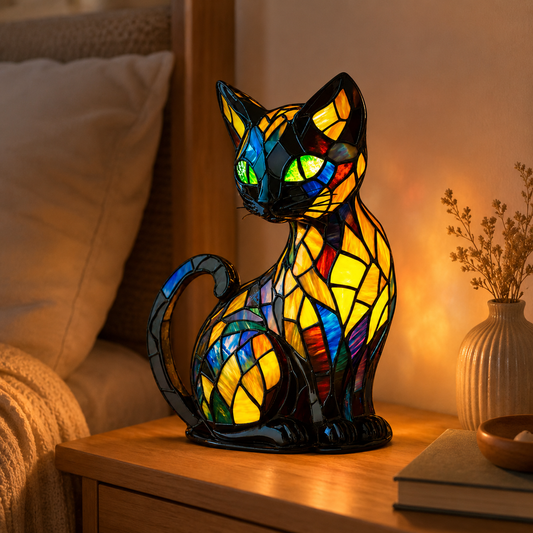 Cat Night Light Stained Glass Lamp Unique