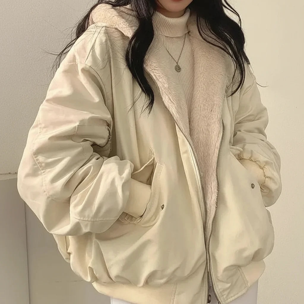 Winter Jacket Women Shearling Lined Zipper