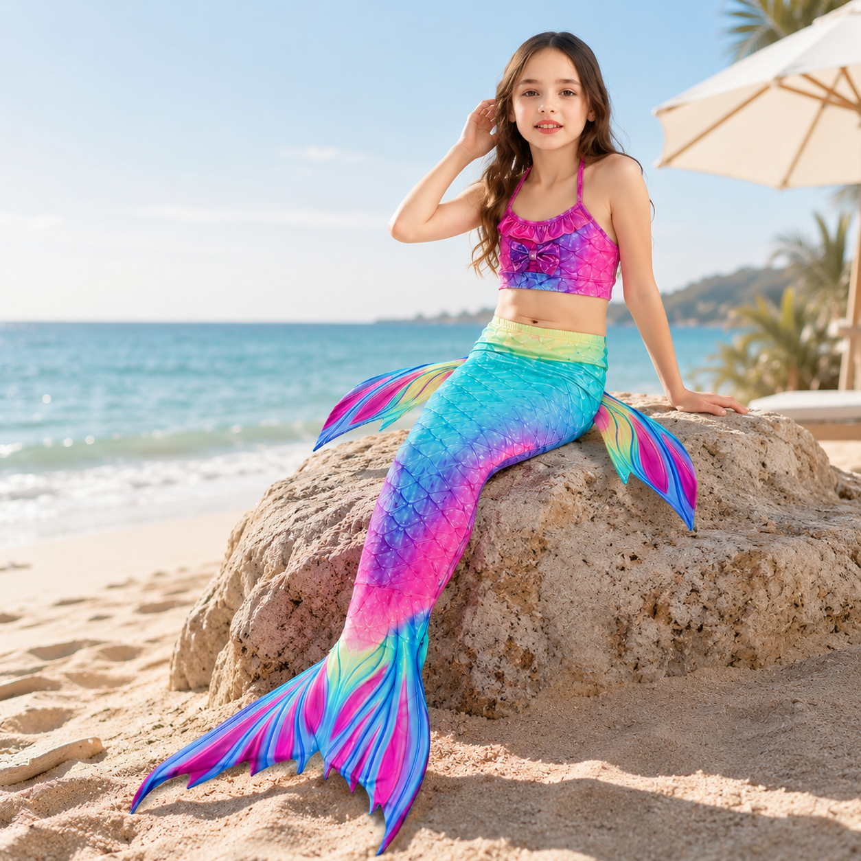 Girls Mermaid Swimsuit Three Piece Swim Tail
