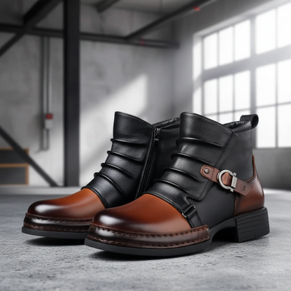 Men Ankle Boots Leather Buckle Side Zip
