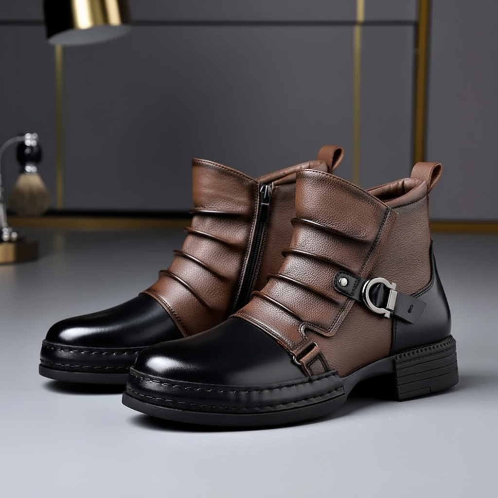 Men Ankle Boots Leather Buckle Side Zip