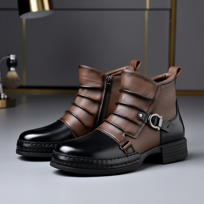 Men Ankle Boots Leather Buckle Side Zip