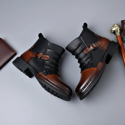 Men Ankle Boots Leather Buckle Side Zip