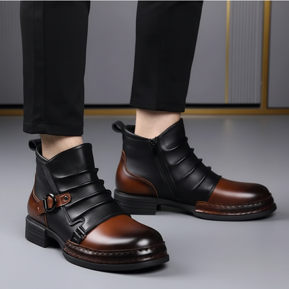 Men Ankle Boots Leather Buckle Side Zip