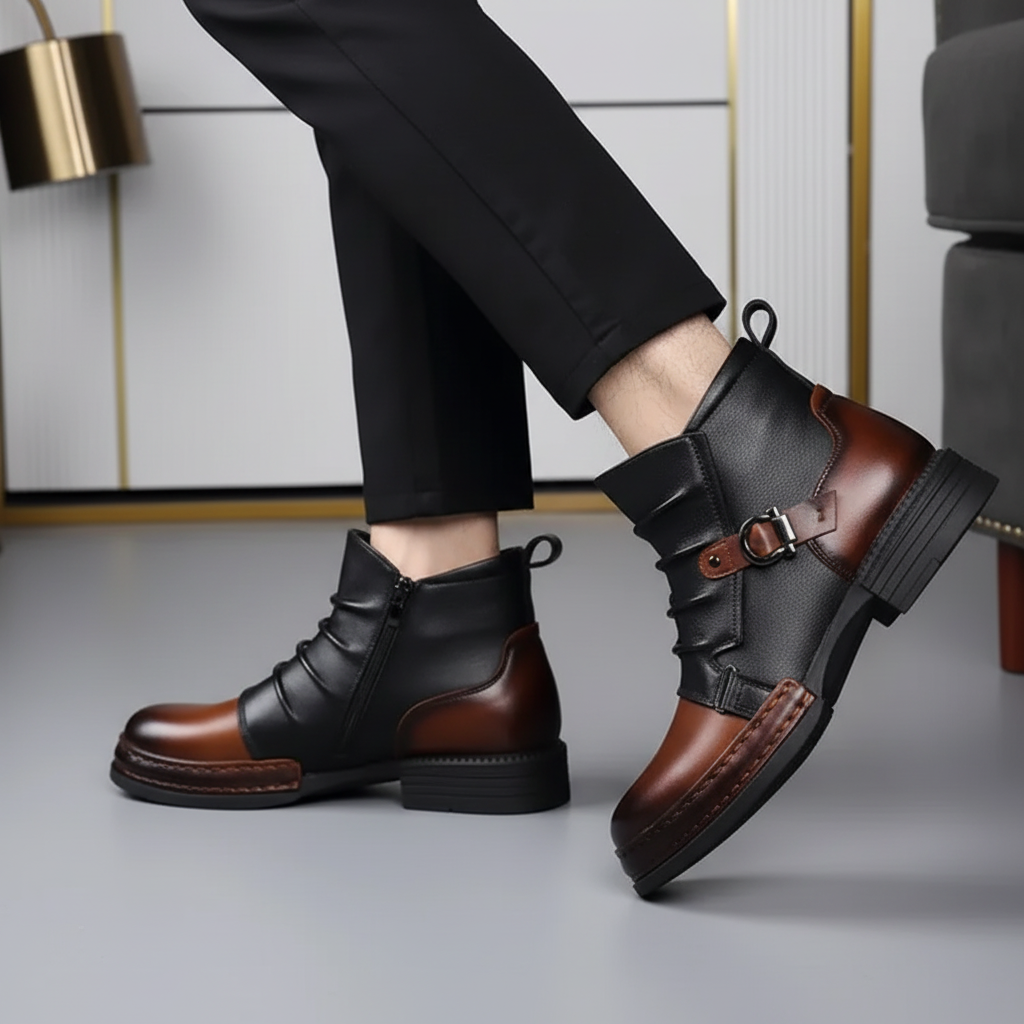Men Ankle Boots Leather Buckle Side Zip