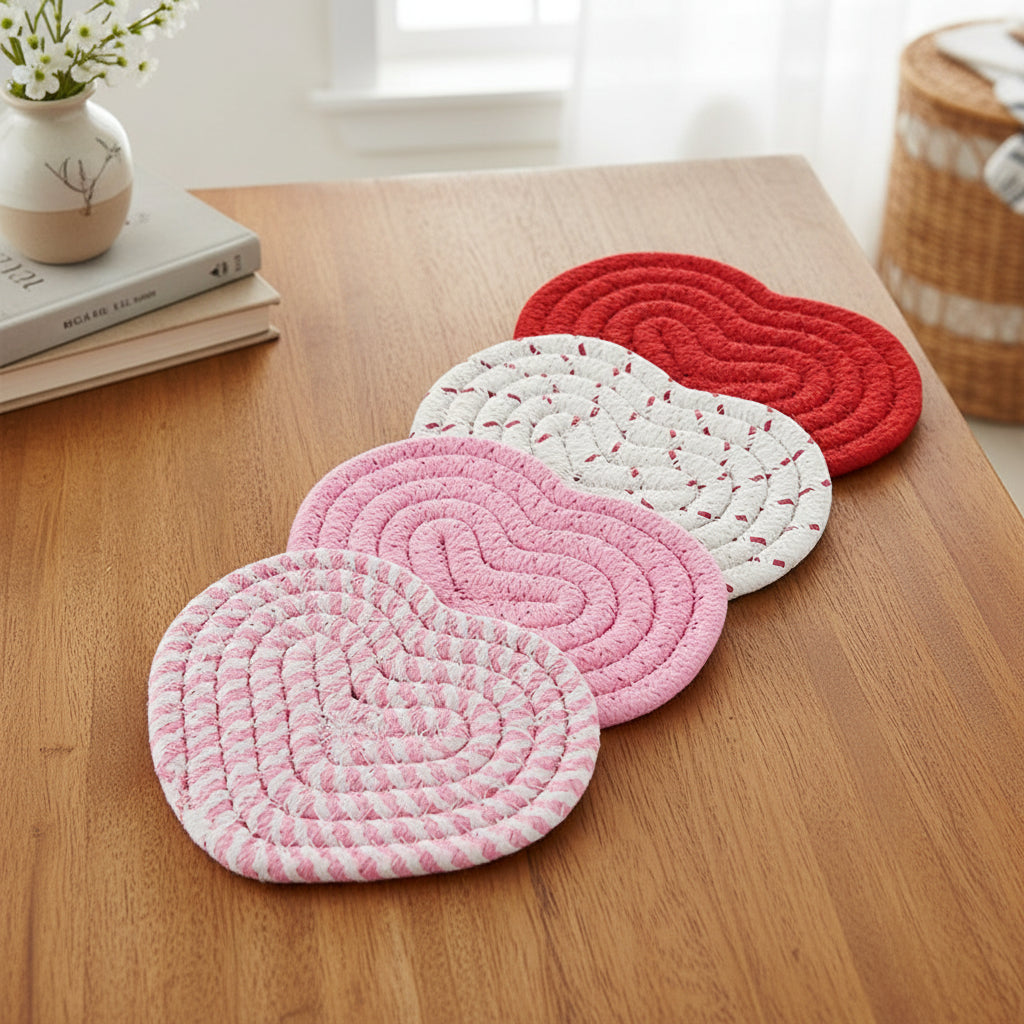 Table Coasters Heart Shaped Woven Polyester