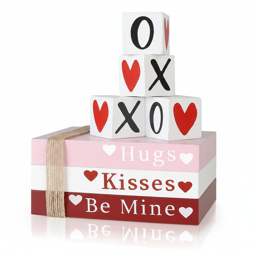 Table Decor Wooden Valentine Book Stack