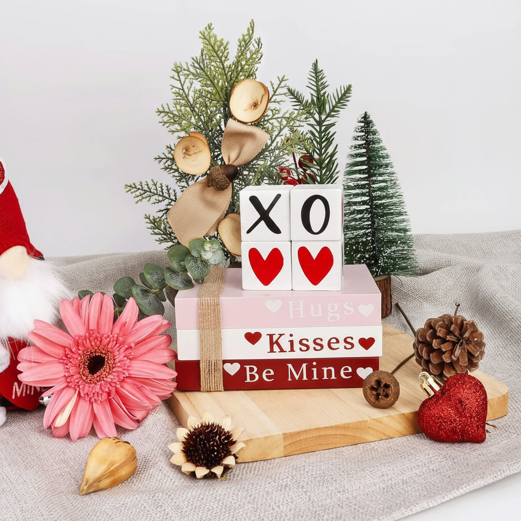 Table Decor Wooden Valentine Book Stack