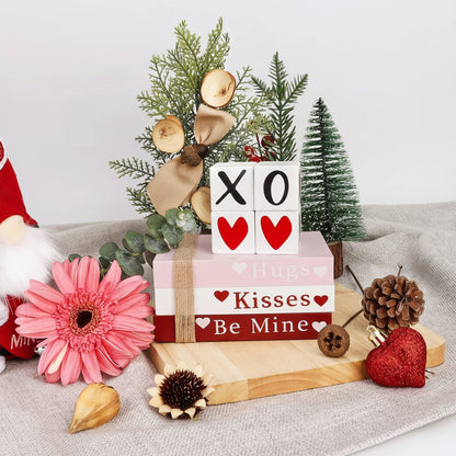 Table Decor Wooden Valentine Book Stack