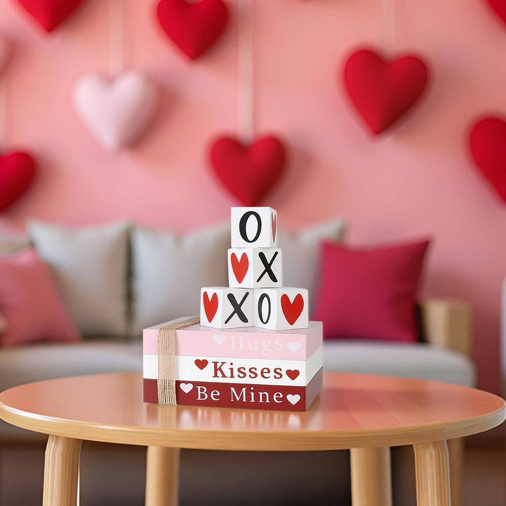 Table Decor Wooden Valentine Book Stack