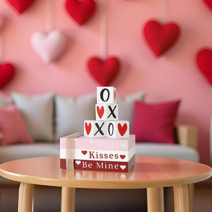 Table Decor Wooden Valentine Book Stack