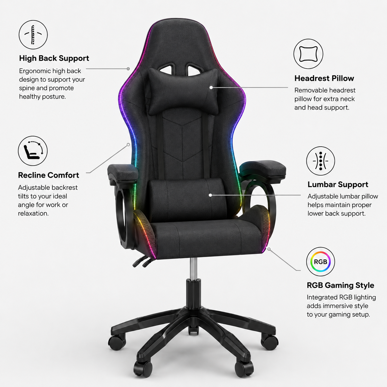 High Back Gaming Chair RGB Recline Headrest