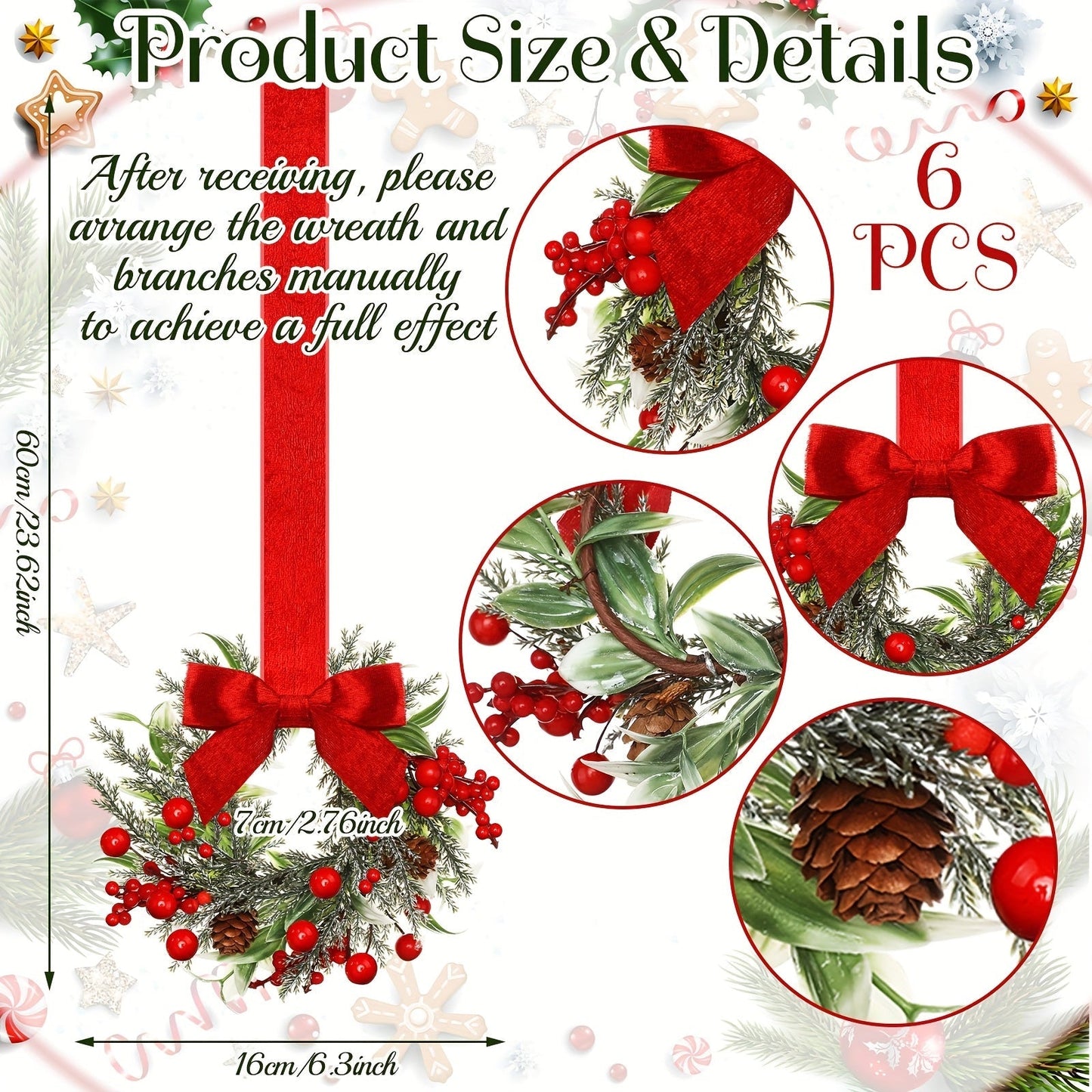 Christmas Wreath Hanging Red Bow Pinecone