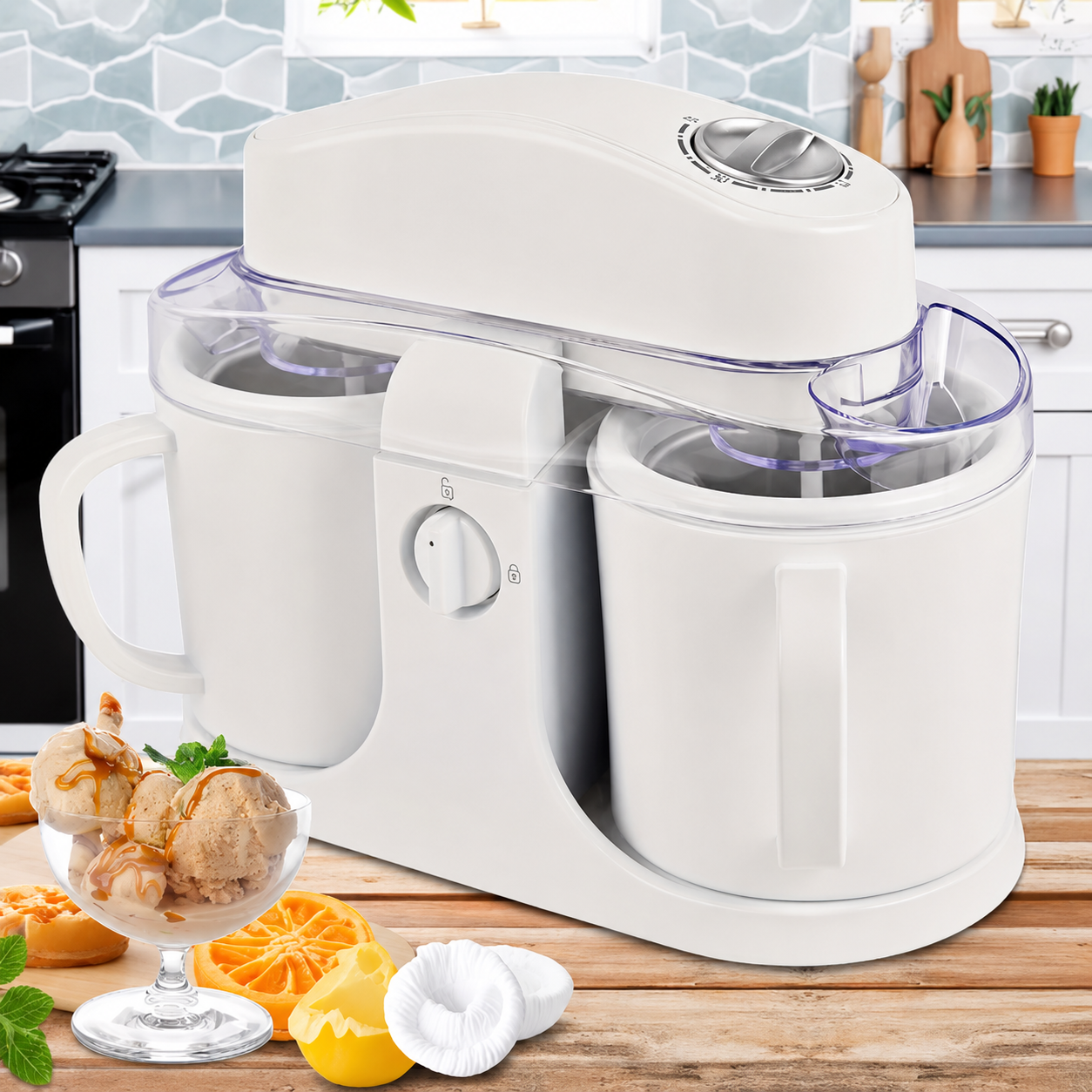 Ice Cream Maker Countertop Dual Bowl Frozen
