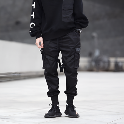 Mens Cargo Pants Black Adjustable Straps