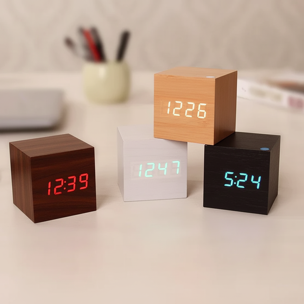 Digital Alarm Clock Wooden LED Desk Table