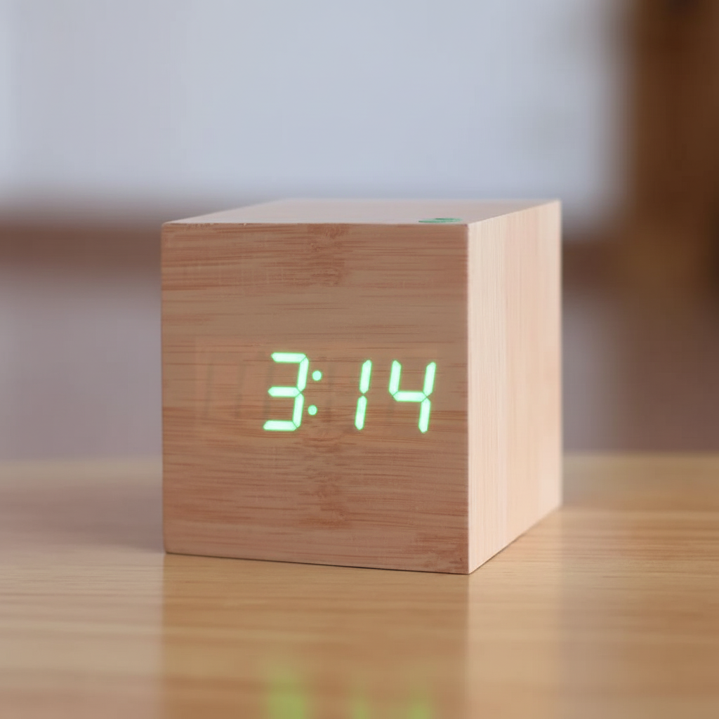 Digital Alarm Clock Wooden LED Desk Table