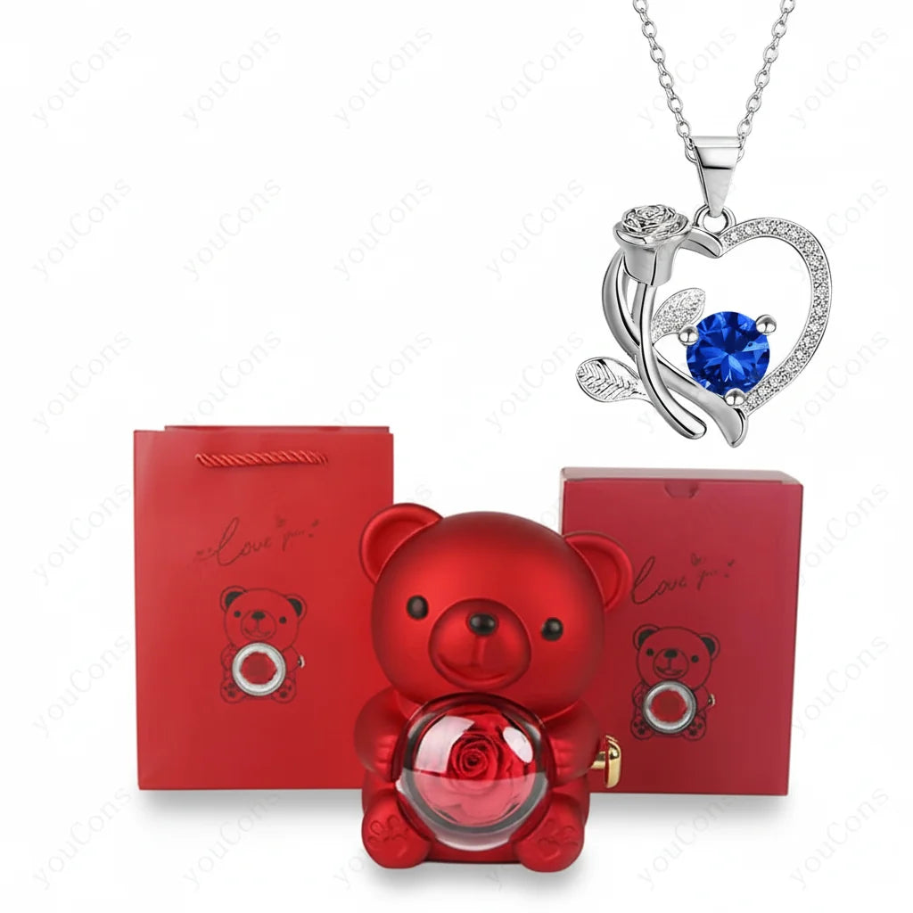 Necklace Heart Pendant Zircon Bear Rose Gift